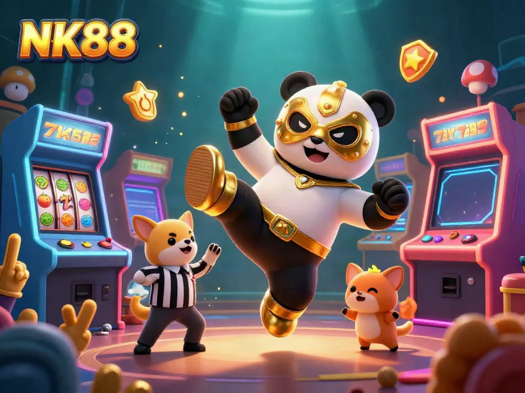 Witness NK88 in action with a vibrant casino-themed scene featuring a wrestler panda and animated spectators.