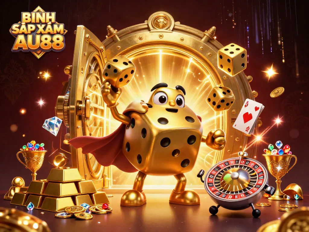 Engage with BINH SẬP XÁM AU88 featuring a thrilling 3D casino illustration of a golden dice golem surrounded by treasure.