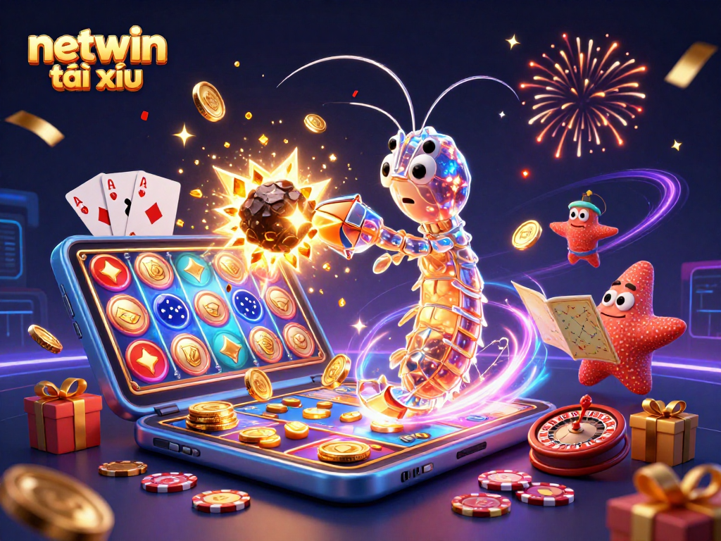 Experience the thrill of netwin tài xỉu with a vibrant 3D scene of gems, coins, and gaming excitement.