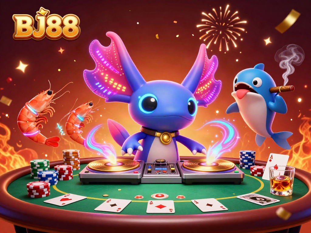 Join the vibrant BJ88 party with a neon axolotl DJ and poker action!