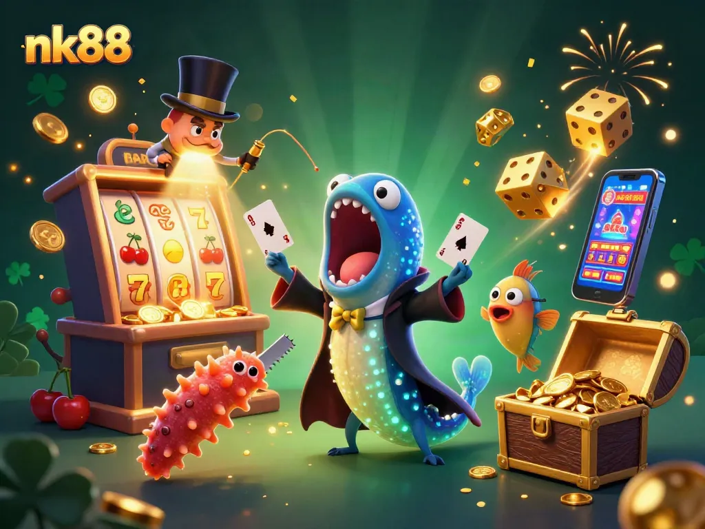 Engage with the vibrant nk88 casino scene featuring animated characters performing gambling tricks.