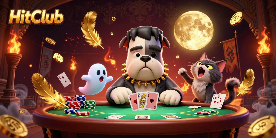 HitClub poker action featuring a Frankenstein bulldog monster dealing cards at a spooky table.