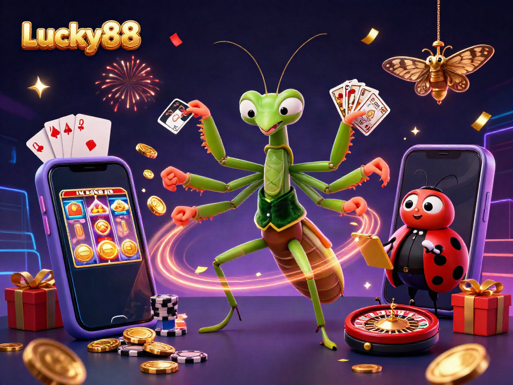 Engage with Lucky88's thrilling gaming experience featuring a giant mantis card sharp and pit boss in a vibrant casino scene.