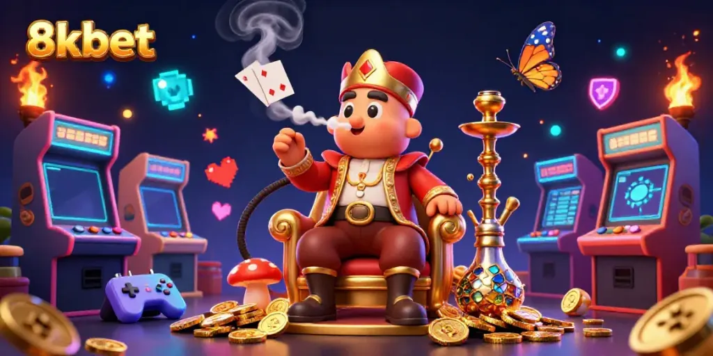 Experience thrilling gameplay with 8xbet in a vibrant 3D casino illustration featuring poker symbols and game elements.