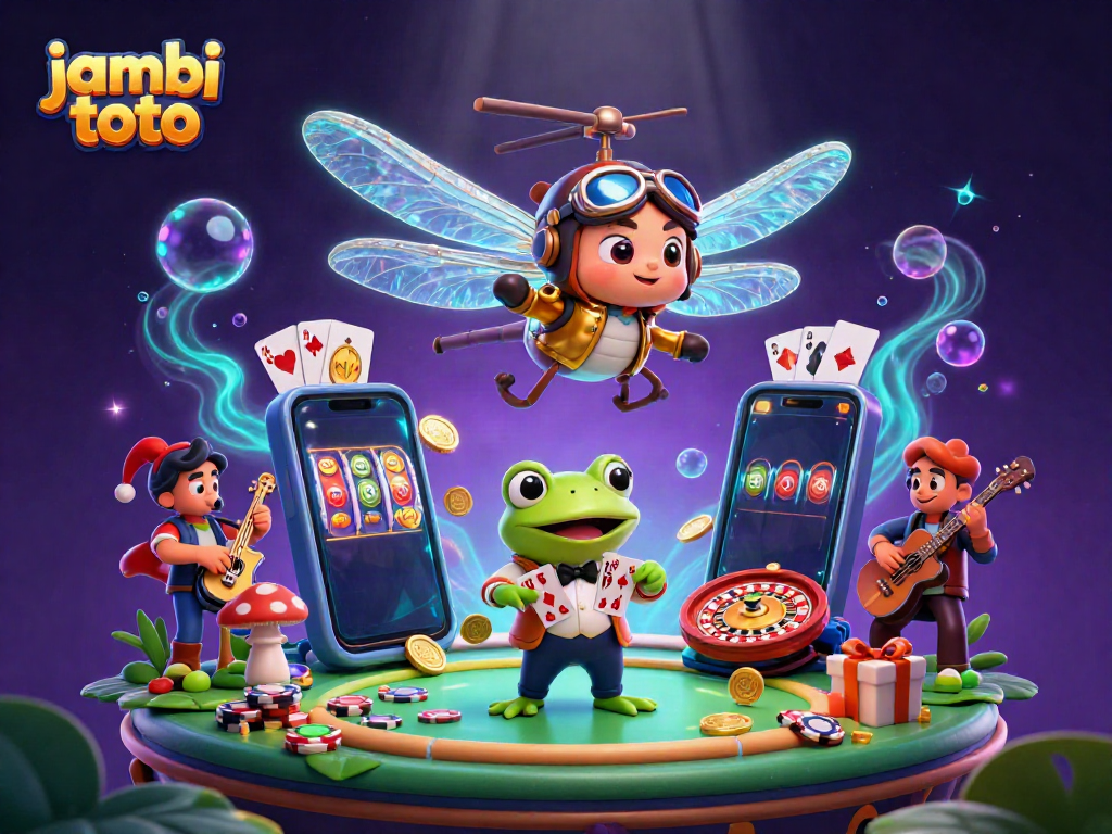 Engaging scene of jambi toto casino action with a dragonfly pilot, frog croupier, and jazz musicians.