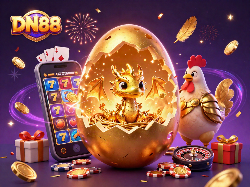 Experience the thrill of DN88 at the online casino with vibrant game elements and a golden dragon.