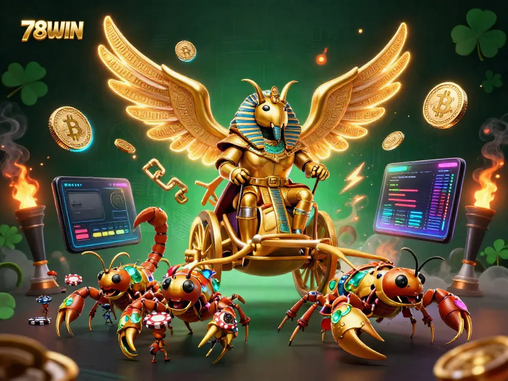 Experience thrilling gameplay with 78WIN, featuring a golden scarab beetle amidst dynamic casino elements.
