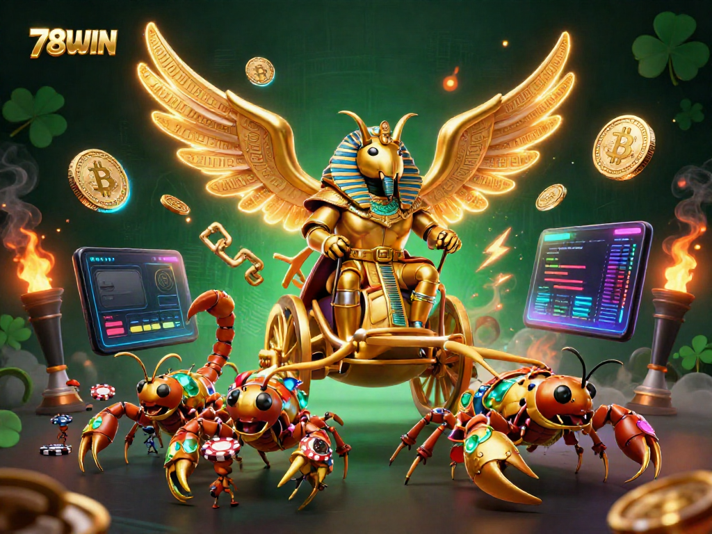 Experience thrilling gameplay with 78WIN, featuring a golden scarab beetle amidst dynamic casino elements.