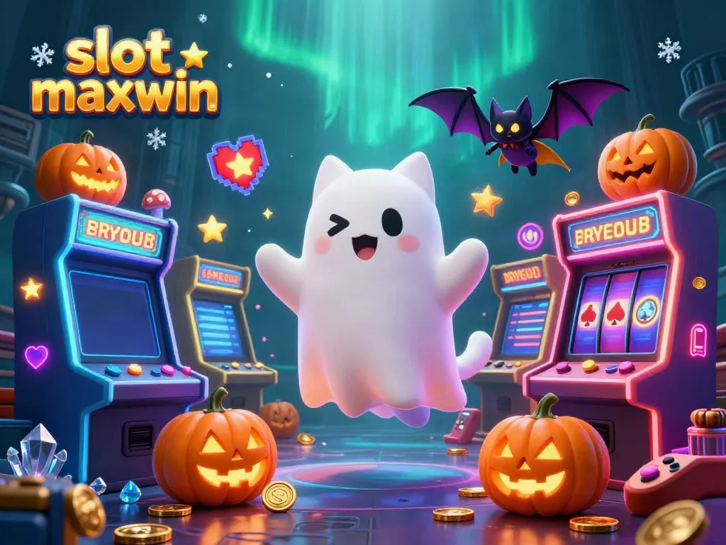 Experience the thrill of slot maxwin as a friendly ghost cat and bat explore a haunted casino.