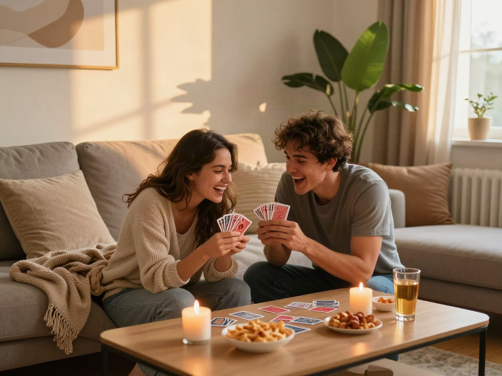 Engaging couple enjoying a romantic sex game in a cozy living room.
