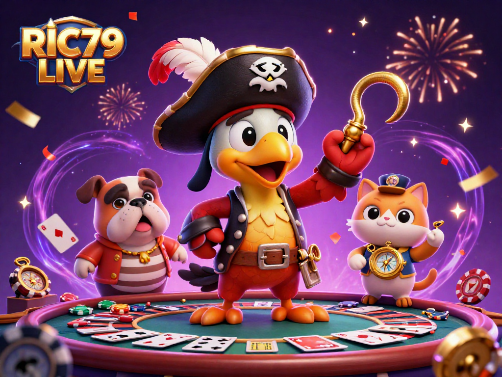Experience the thrill of RIC79 LIVE with a vibrant pirate-themed casino scene filled with dynamic gaming elements.
