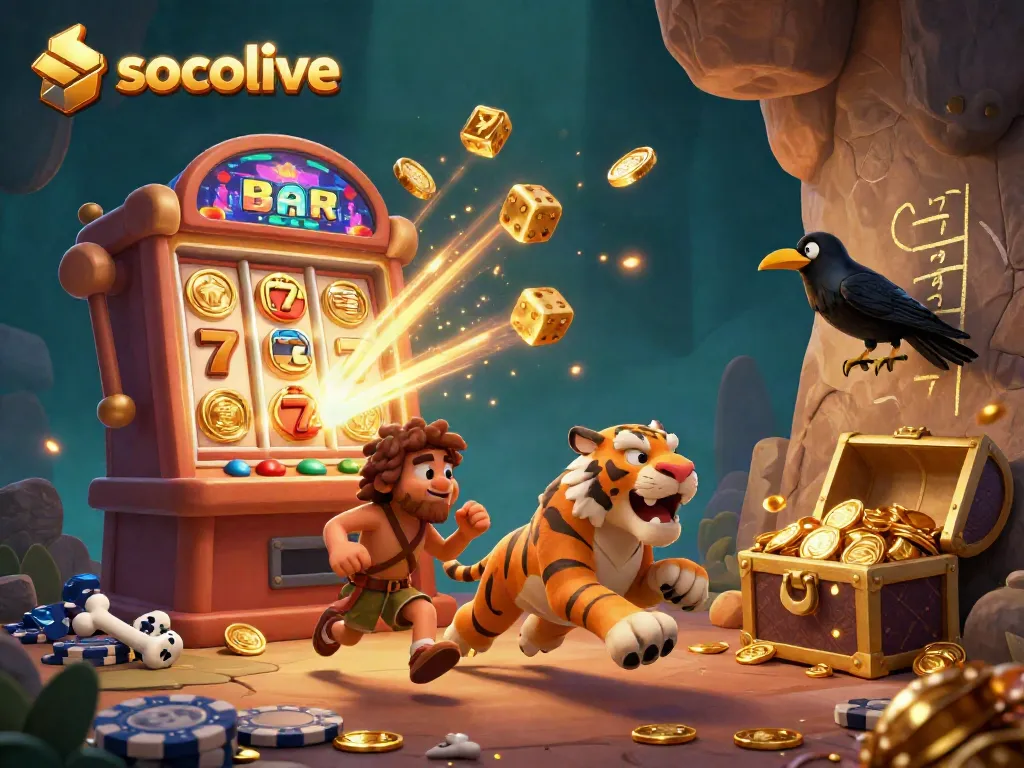 Engage with socolive through a whimsical illustration of a caveman casino with vibrant game elements.