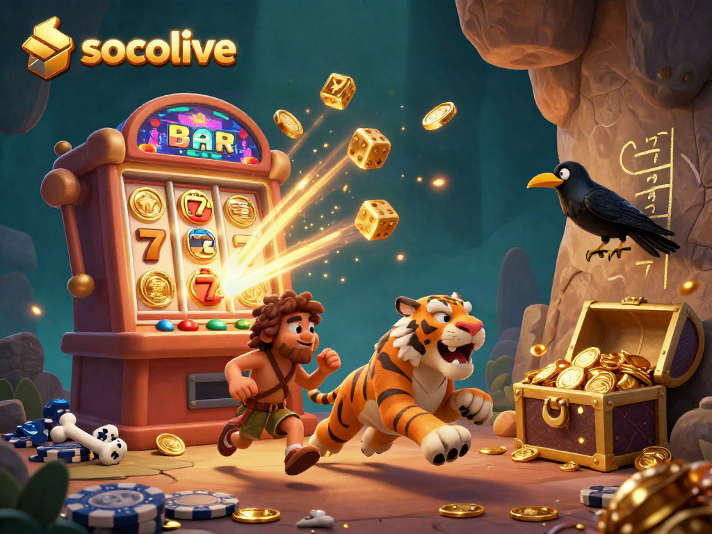 Engage with socolive through a whimsical illustration of a caveman casino with vibrant game elements.