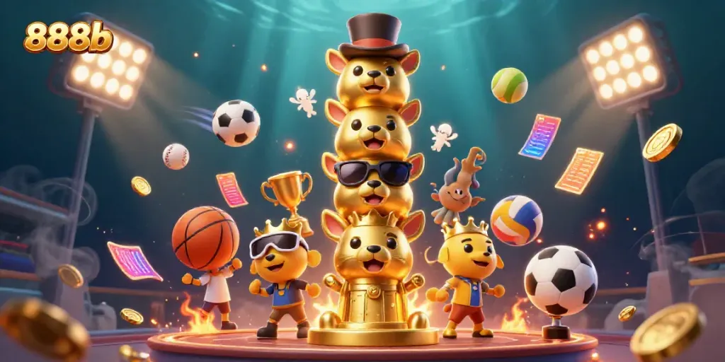 Experience the dynamic energy of 888b with vibrant sports elements and a whimsical golden totem.