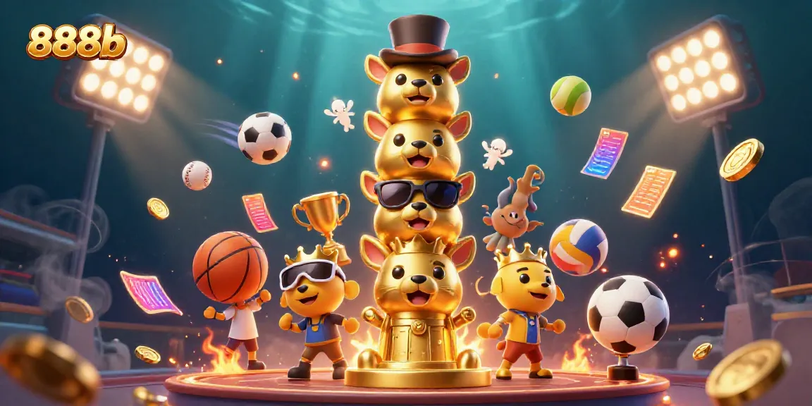 Experience the dynamic energy of 888b with vibrant sports elements and a whimsical golden totem.