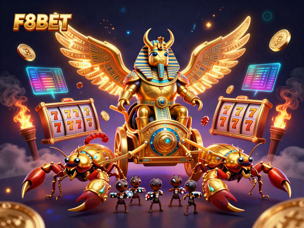 Join the excitement at F8BET with a vibrant 3D casino illustration featuring games and rewards.