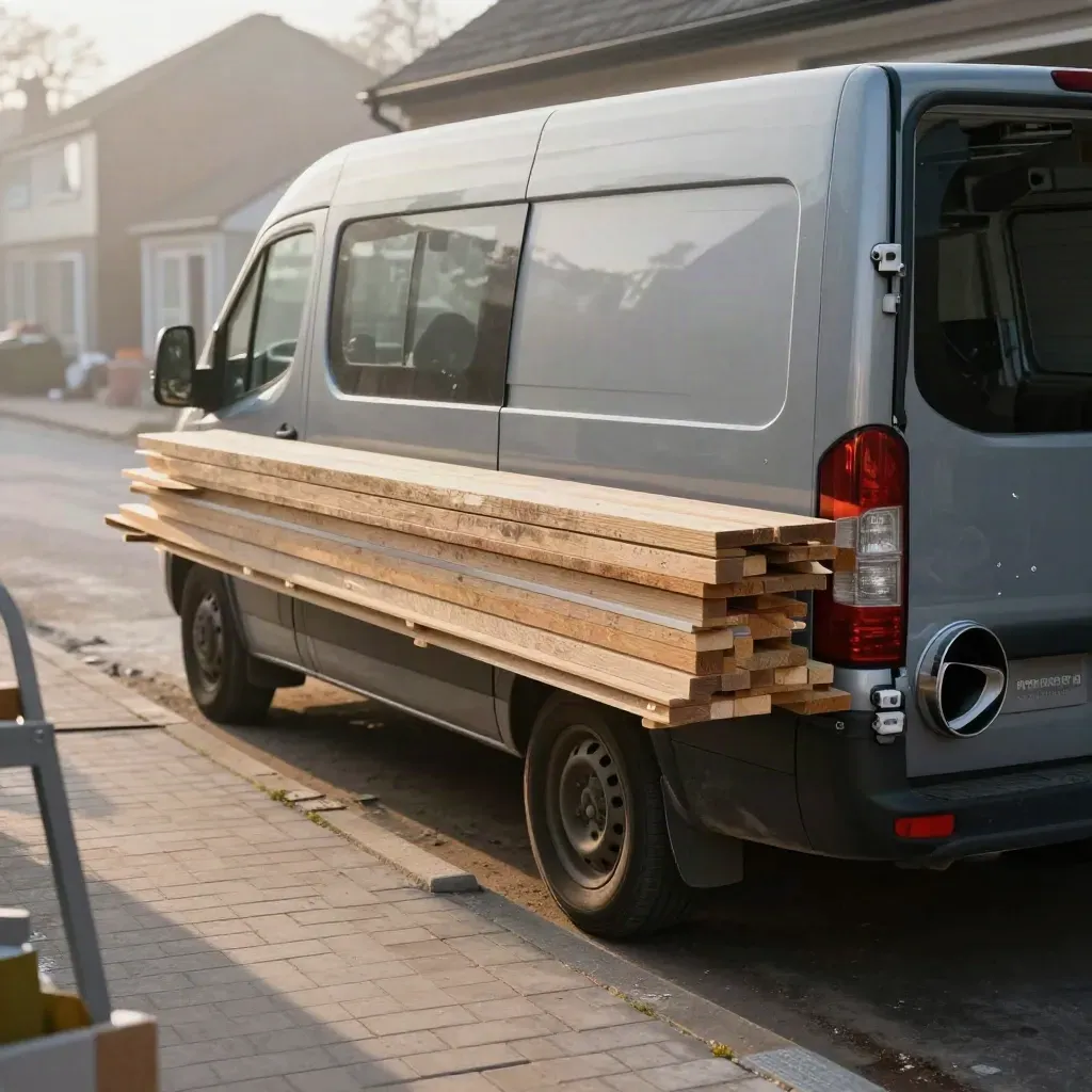 Hire van loaded with timber and tools outside a terrace renovation in soft morning light