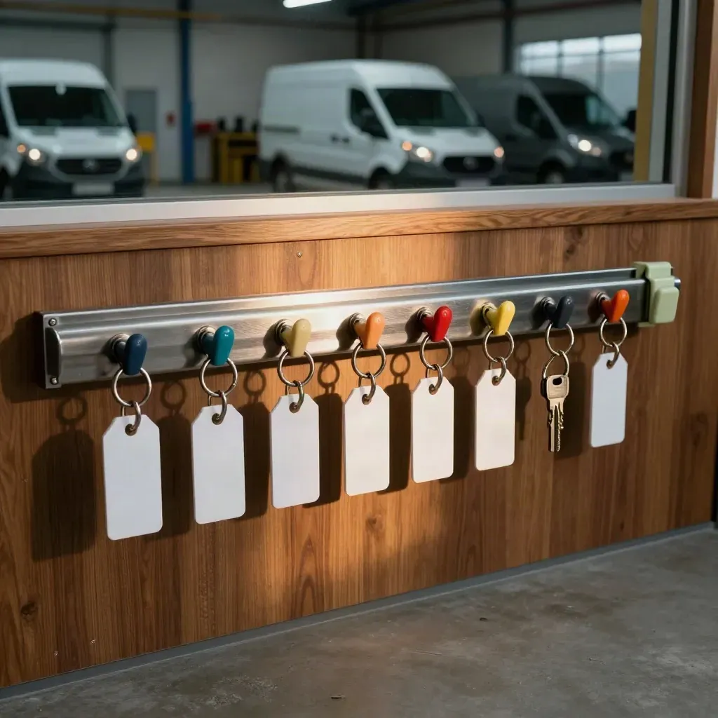 Top-down key rail with tagged van keys and blurred service vans in a depot