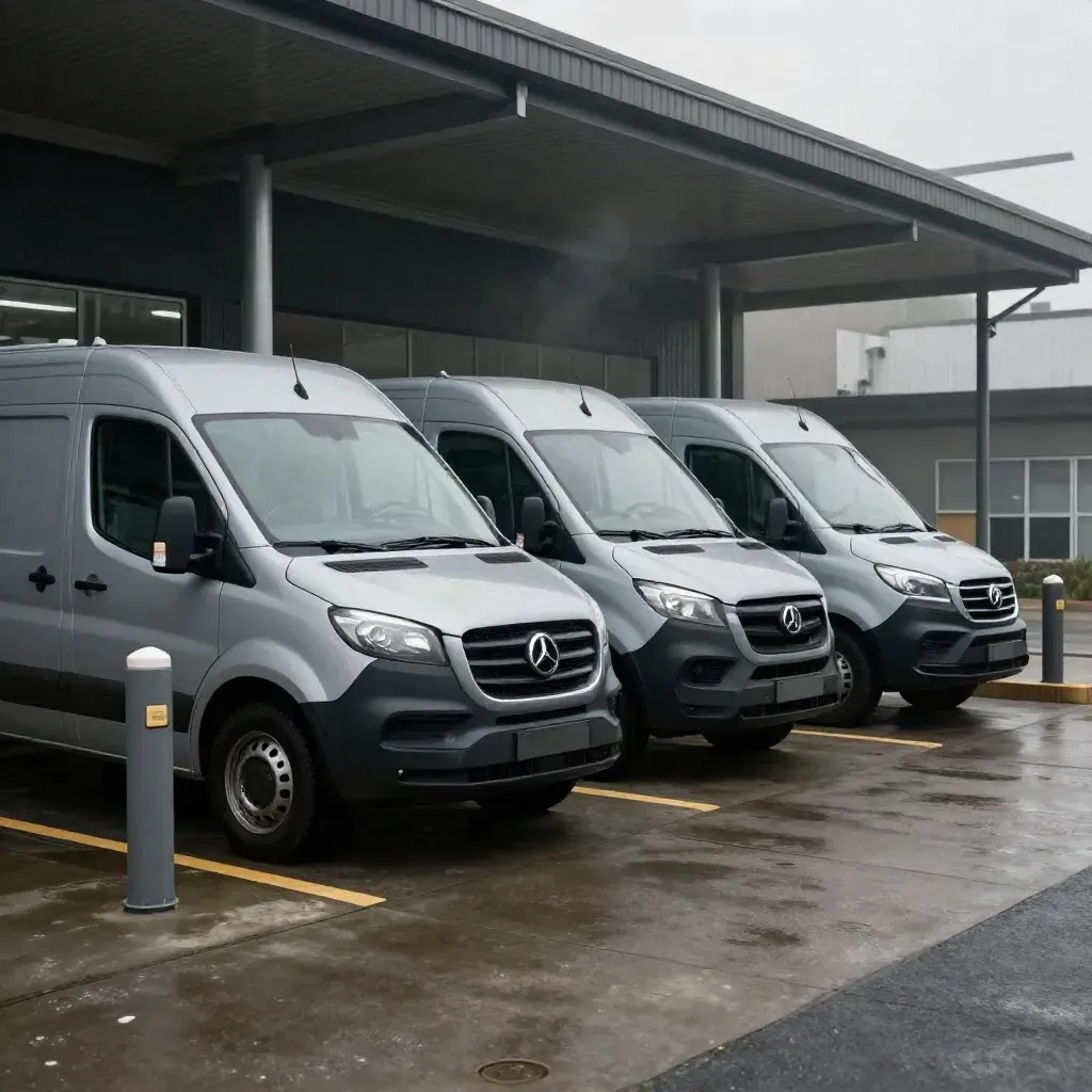 Three steel-grey lease vans parked nose-out under a canopy beside charging bollards.