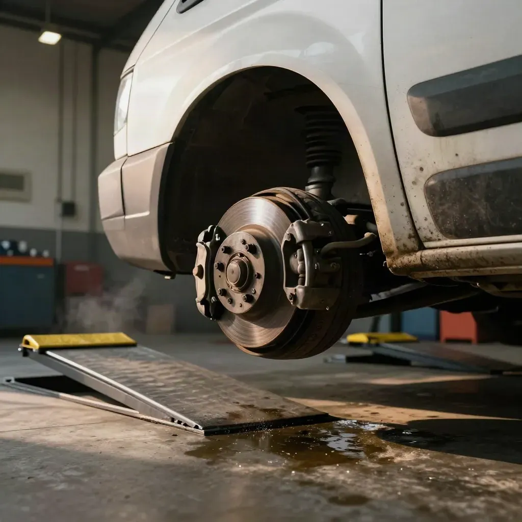 White van on a ramp with wheel off, brake disc exposed, chocks and trolley jack below.