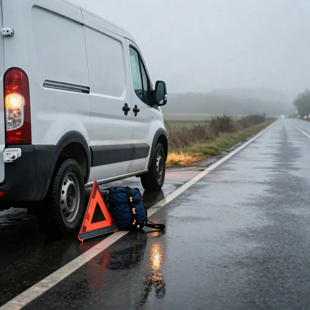 Stranded van with warning triangle, jump pack and tow strap on a wet hard shoulder in drizzle