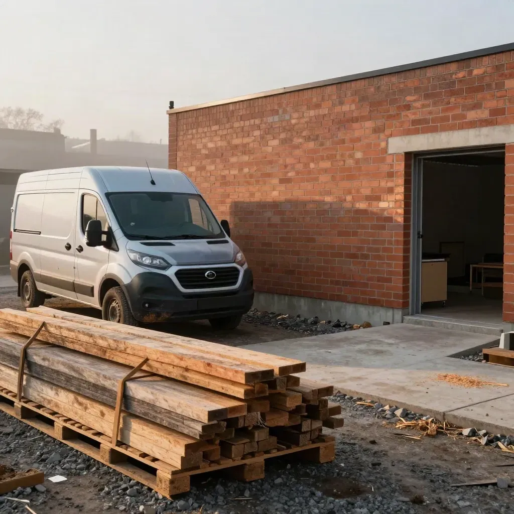 Two hired trades vans beside timber and a fresh brick extension on a misty site