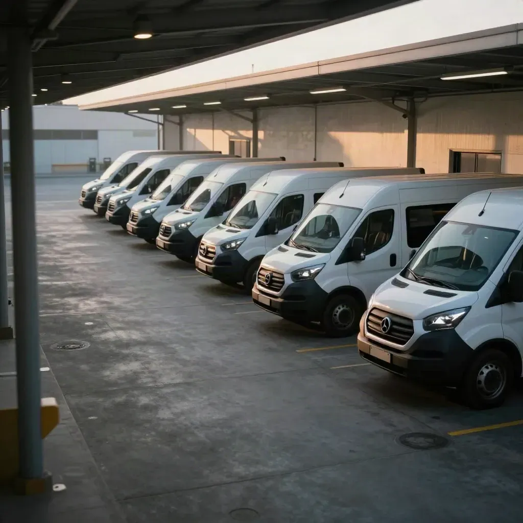 Clean lease vans nose-out under a depot canopy at dawn, empty lane, cool haze.