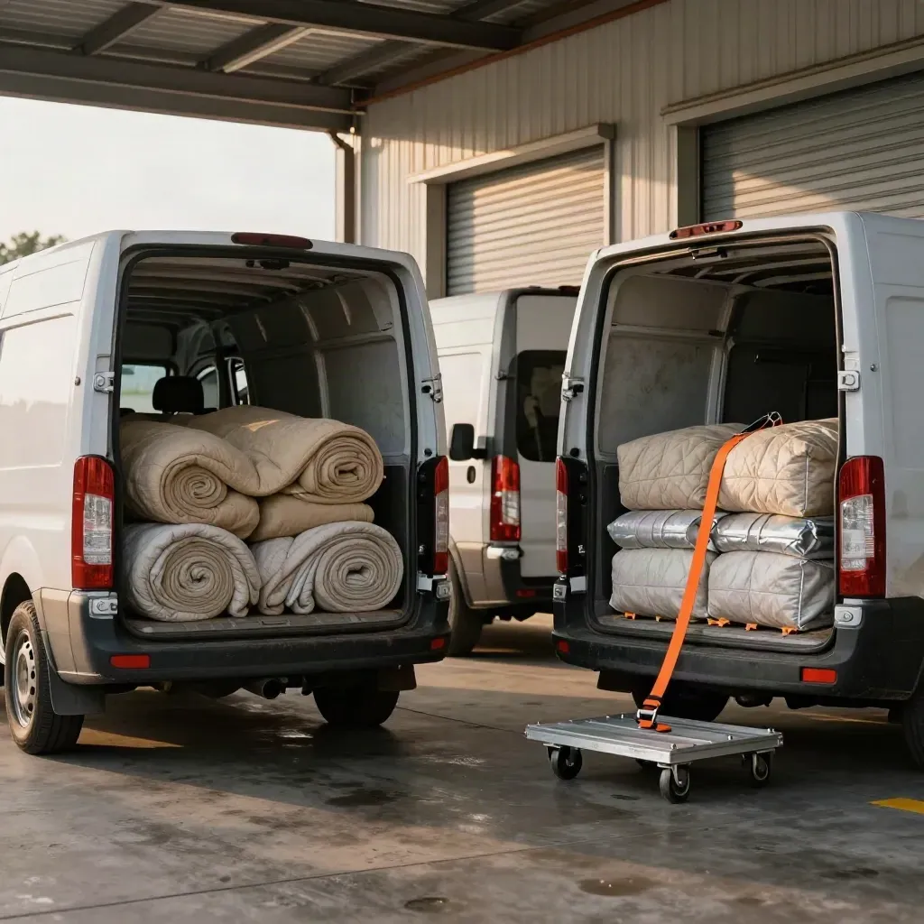 Three used moving vans in a warehouse bay with blankets, dollies and stacked pads ready to load.