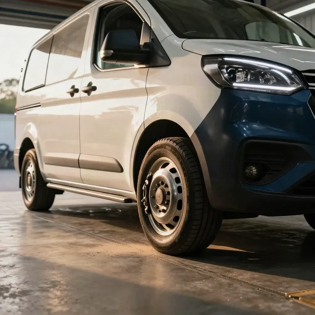 Close-cropped van front quarter with fresh brakes, clean wheel, and bright MOT bay.