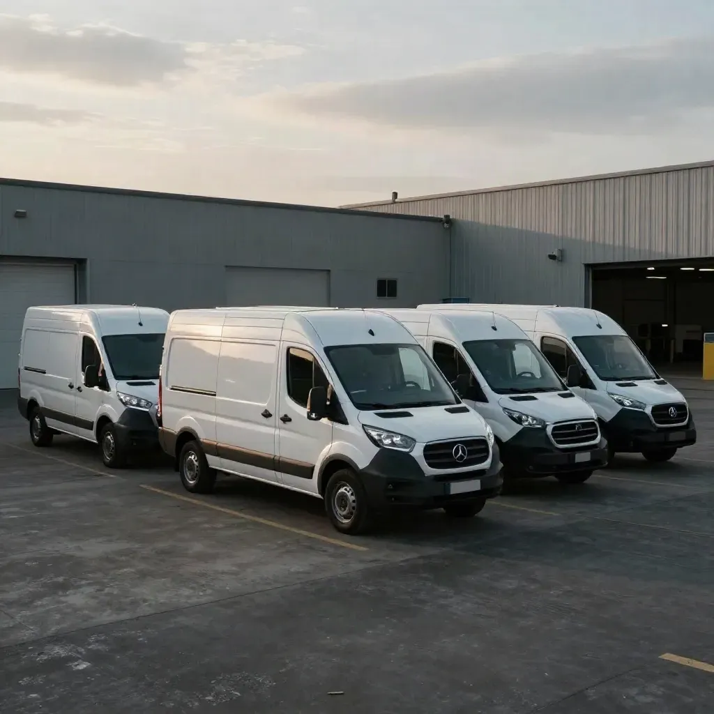 Four clean vans staggered across a moody business-park loading court.