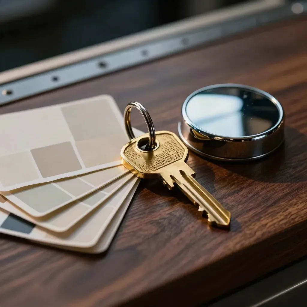 Brass van key ring, paint swatches and chrome mirror cap on dark walnut in dramatic studio light.
