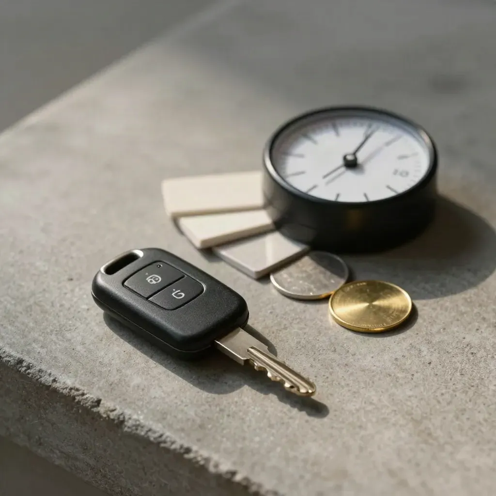 Black van key fob, timer, blank chips and brass token on concrete, lit from one side.