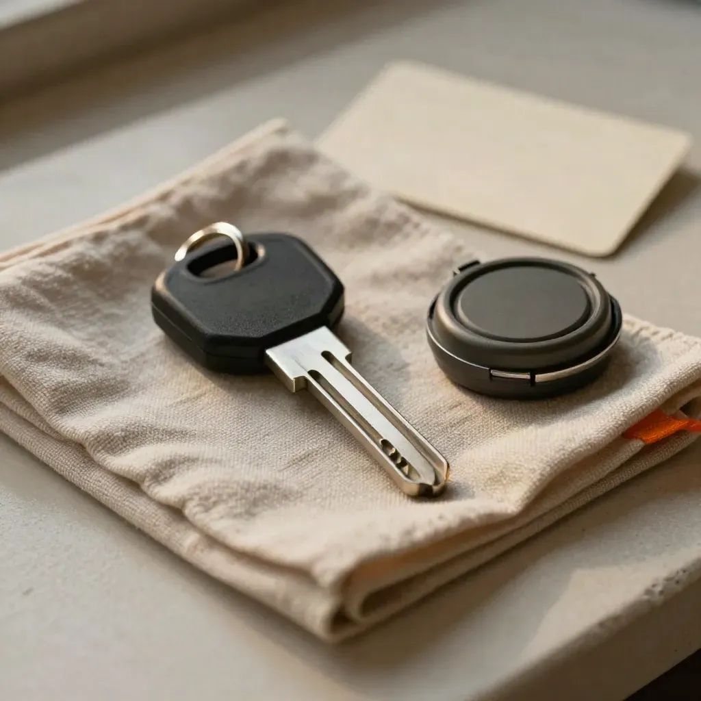 Ignition key, valet cloth, wheel cap and fuel cap on a pale plaster sweep.