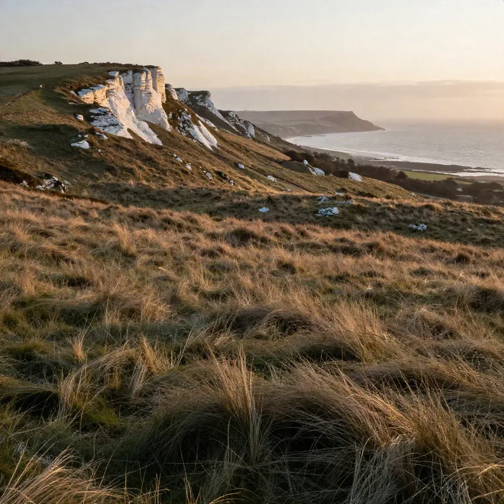 Golden chalk downs roll to a distant headland and pale shoreline under sea haze.