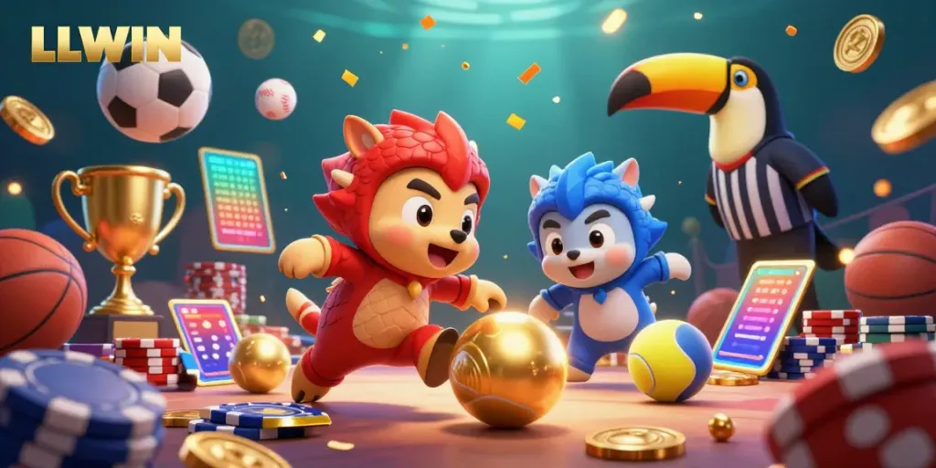 Experience thrilling gameplay at LLWIN with rival pangolins bowling poker chips amidst golden scales and dynamic sports elements.