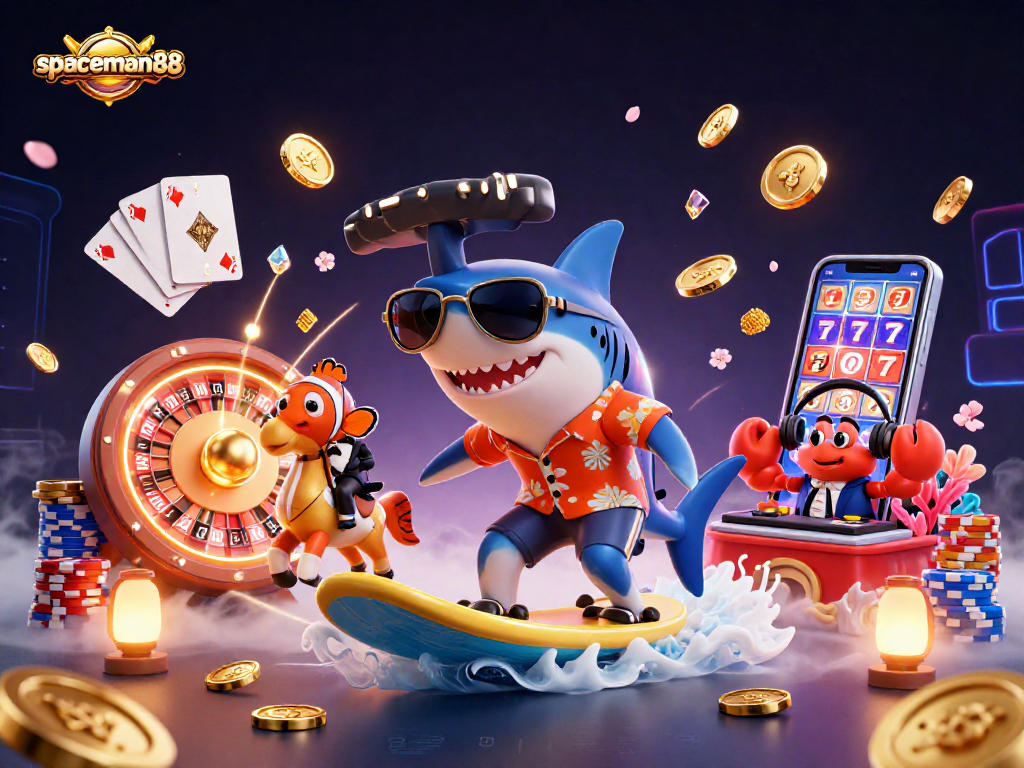 Win big with spaceman88 in this vibrant illustration of a shark surfing gold coins and gaming treasures.