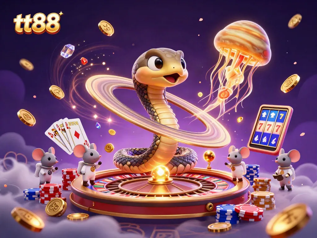 Bet on thrilling gameplay with tt88: an ultra-detailed cosmic casino scene featuring a Saturn ring snake and more.