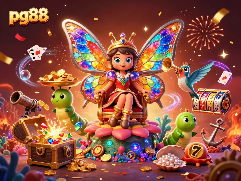 Experience the magic of pg88 with colorful casino elements and a festive atmosphere in this enchanting illustration.