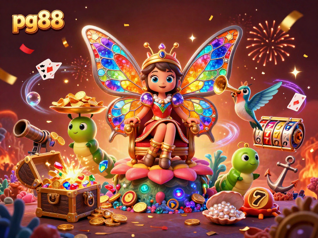 Experience the magic of pg88 with colorful casino elements and a festive atmosphere in this enchanting illustration.