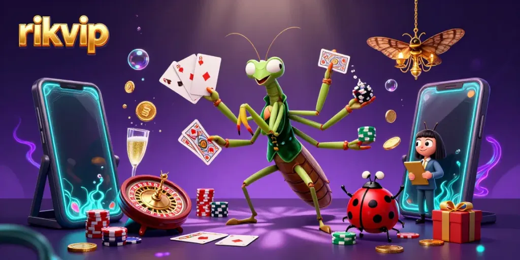 Experience the vibrant energy of rikvip with dynamic characters and exciting slot game elements in a lively casino scene.
