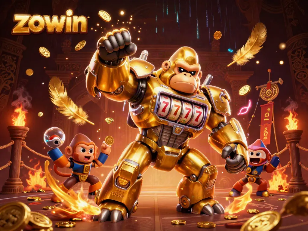 Engage with the ultimate Zowin gaming experience featuring a golden gorilla mech and casino elements.