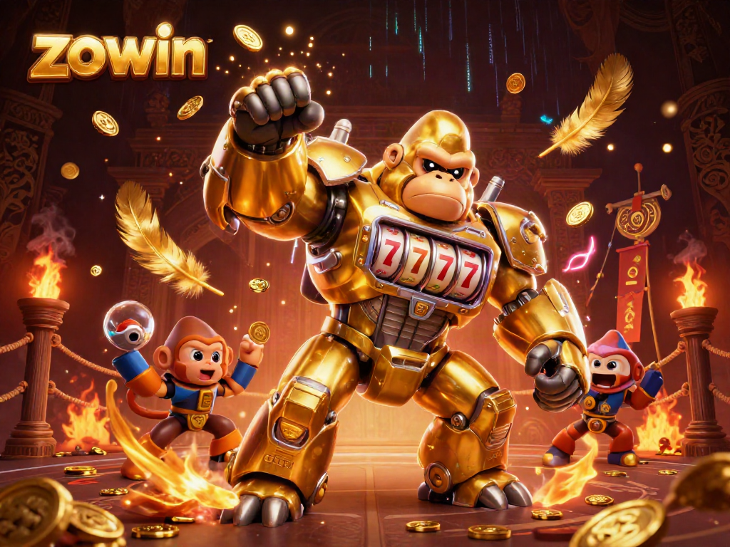 Engage with the ultimate Zowin gaming experience featuring a golden gorilla mech and casino elements.