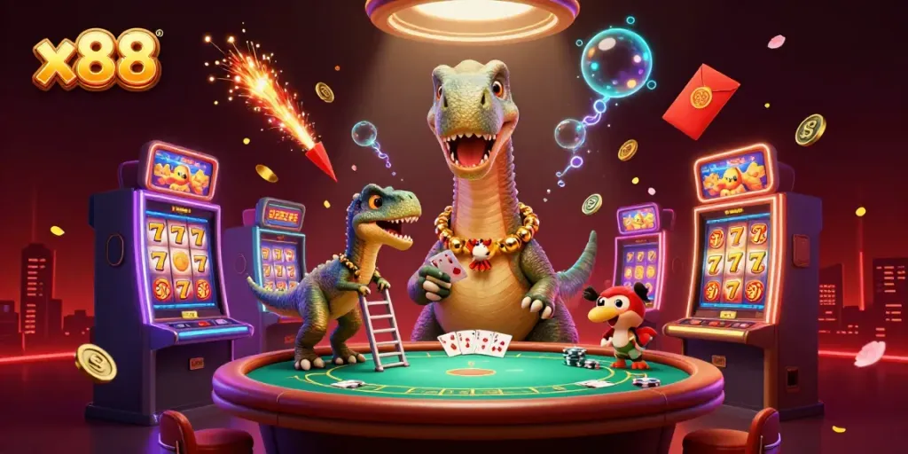 x88 engages players with vibrant cartoon casino scene featuring towering brontosaurus and clever raptor.