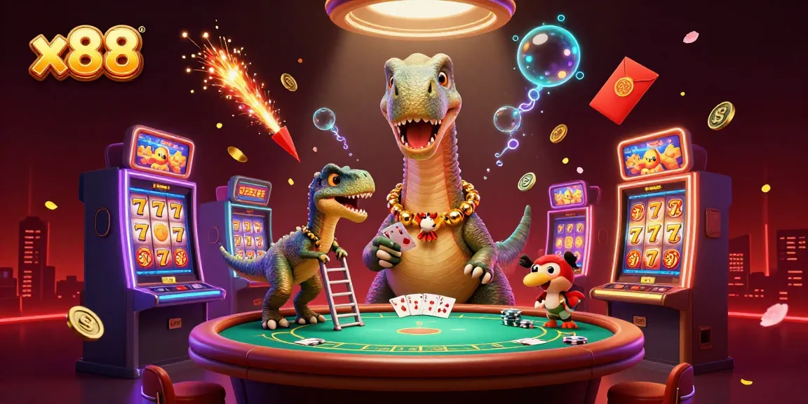 x88 engages players with vibrant cartoon casino scene featuring towering brontosaurus and clever raptor.