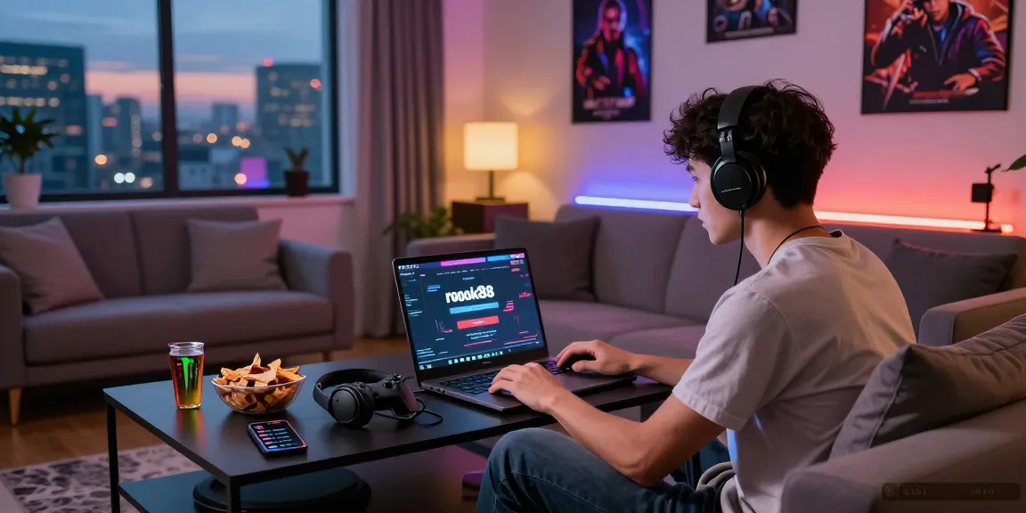 Gamer logging into rokok88 with laptop and vibrant gaming setup