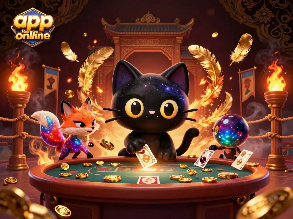 Engage with the exciting world of app tài xỉu online illustrated by a cosmic cat and nebula fox at a galactic casino.