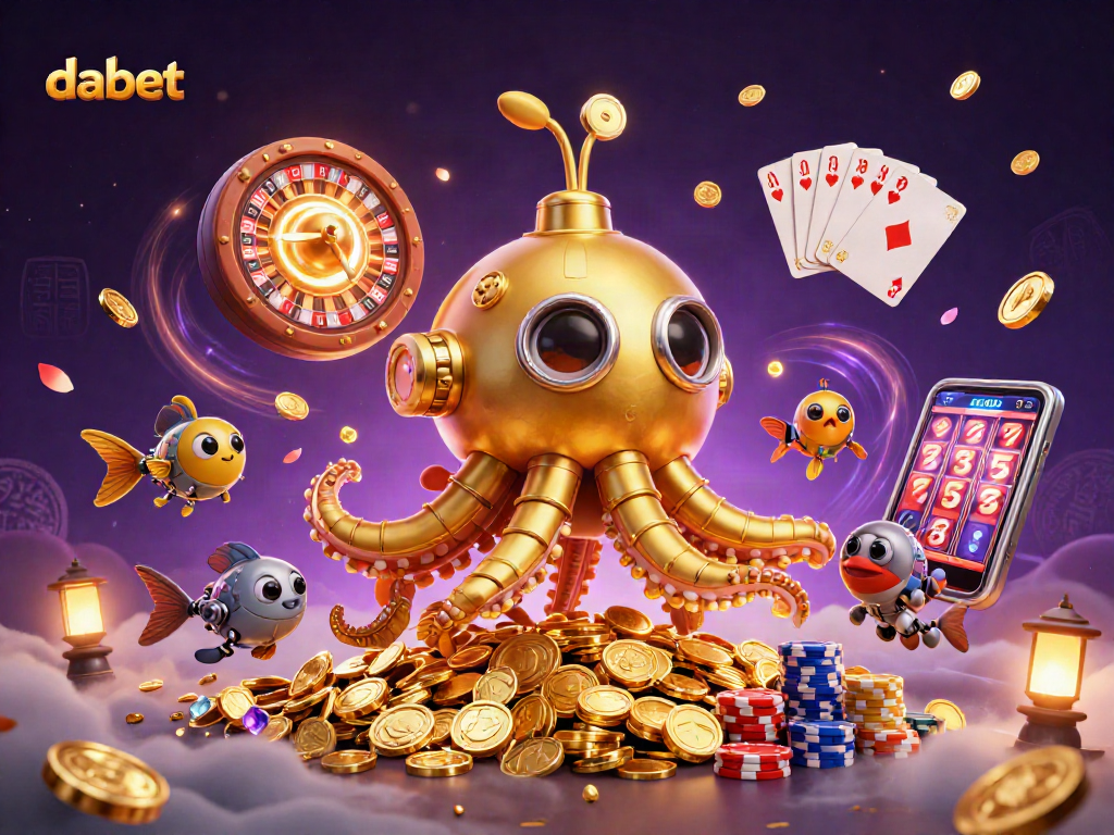 Experience thrilling action with Dabet, featuring a golden kraken submarine and coins flying across the scene.
