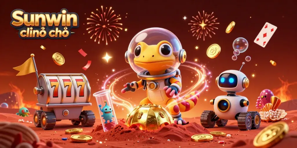 Engage with Sunwin chính chủ at this fun Martian casino scene featuring exciting games and treasures.