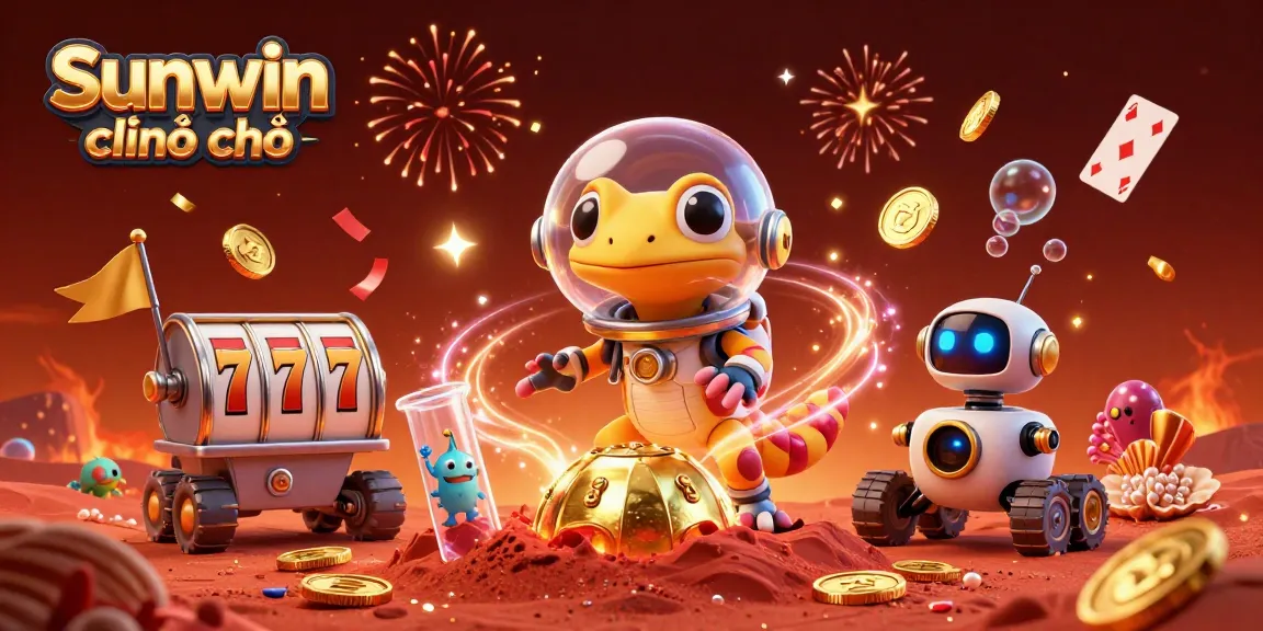 Engage with Sunwin chính chủ at this fun Martian casino scene featuring exciting games and treasures.