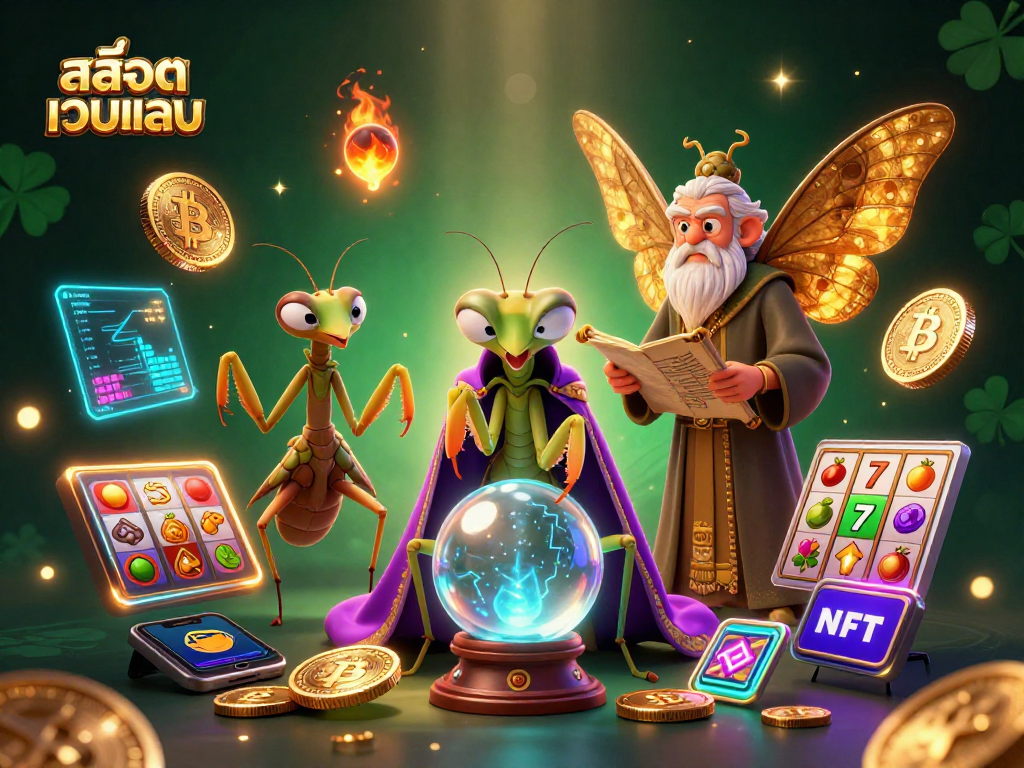 Engage in สล็อตเว็บตรง with a mystical fortune teller and ancient wisdom, surrounded by crypto elements and slot machine symbols.